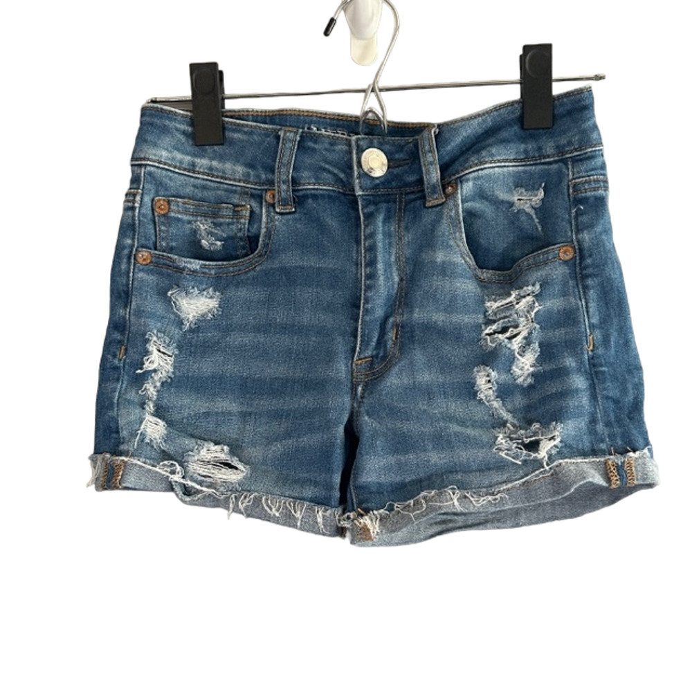 American Eagle Blue Distressed Ripped Super Stretch Denim Jean Shorts Women Sz 2